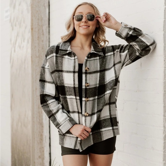 Flannel Patchwork Color Block Plaid Shacket Long Sleeve - Picture 1 of 9